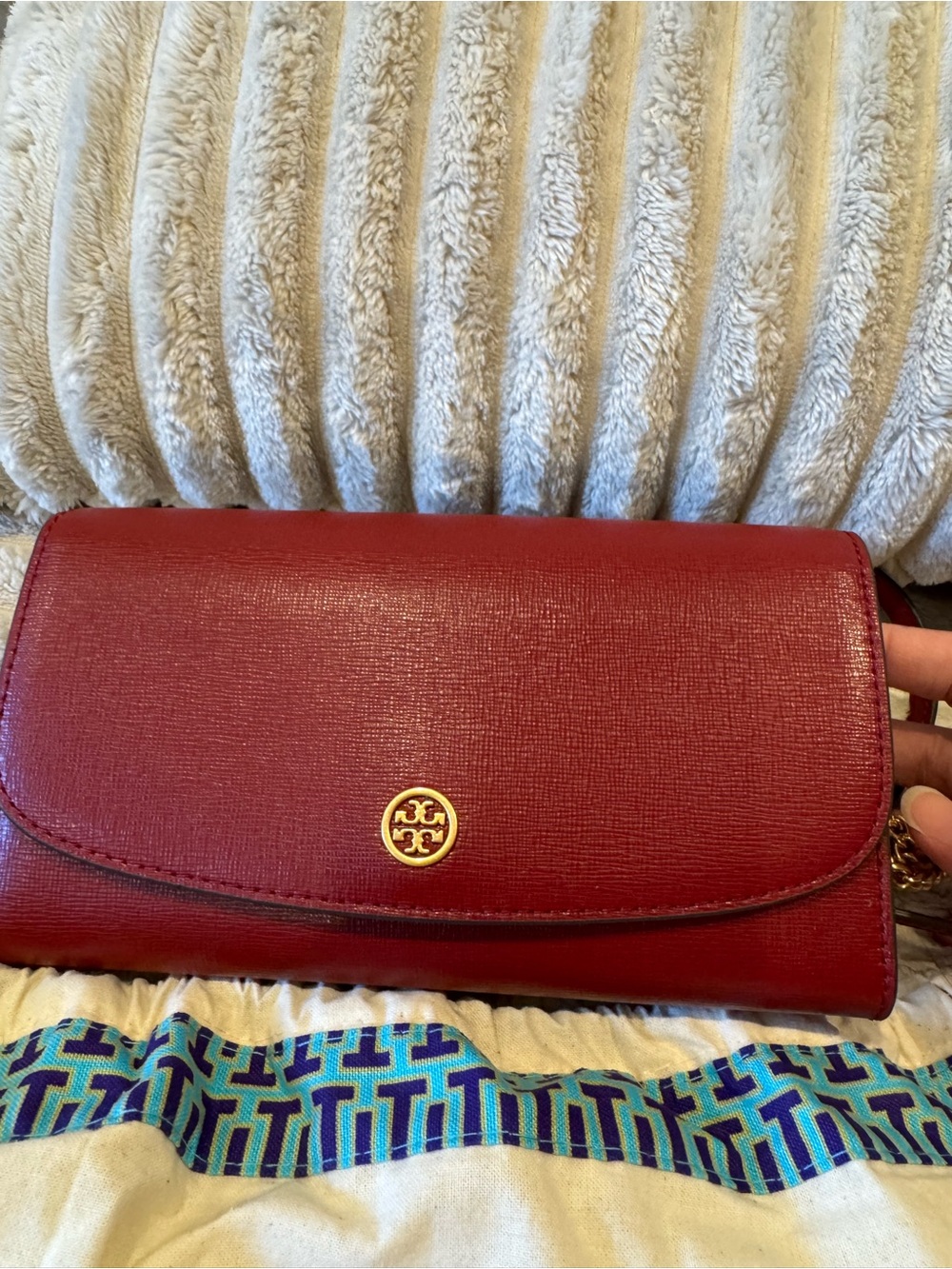 Tory Burch Red Leather Chain-Trim Clutch with Gold Logo